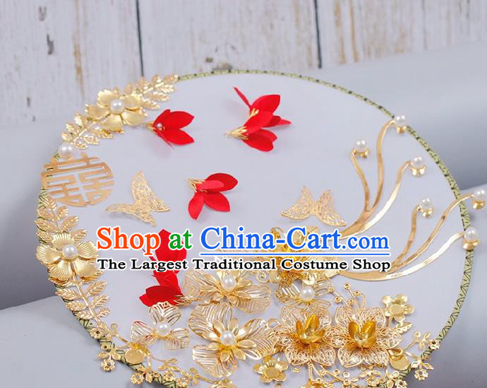 China Handmade Golden Flowers Palace Fan Traditional Bride Circular Fan Wedding Silk Fan