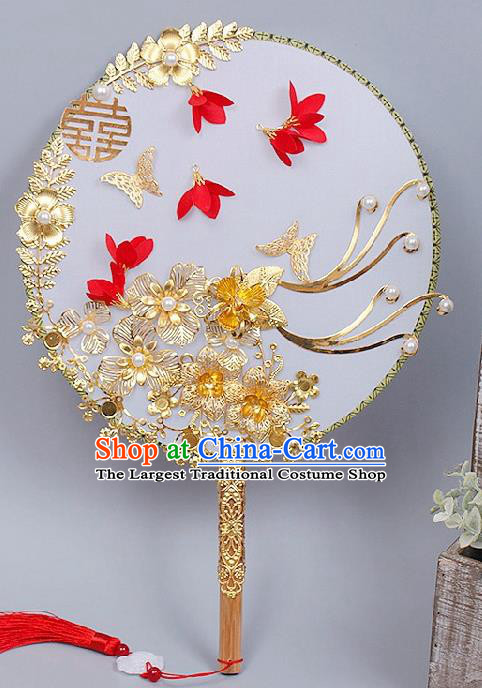 China Handmade Golden Flowers Palace Fan Traditional Bride Circular Fan Wedding Silk Fan