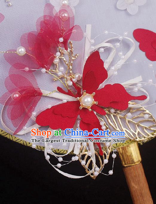China Traditional Bride Circular Fan Wedding Silk Fan Handmade Red Butterfly Palace Fan