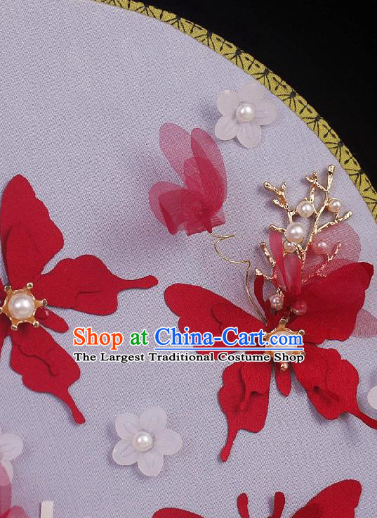 China Traditional Bride Circular Fan Wedding Silk Fan Handmade Red Butterfly Palace Fan