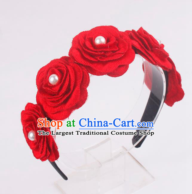 French Bride Red Rose Hair Clasp Elegant Wedding Headband Court Hair Accessories