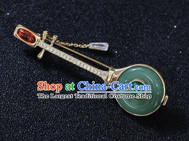 Handmade China Jade Brooch Accessories Cheongsam Crystal Lute Breastpin Classical Jewelry