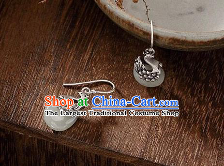 Top Chinese Cheongsam Accessories Silver Carving Phoenix Earrings Classical Jade Ear Jewelry
