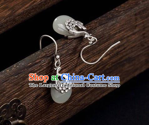 Top Chinese Cheongsam Accessories Silver Carving Phoenix Earrings Classical Jade Ear Jewelry