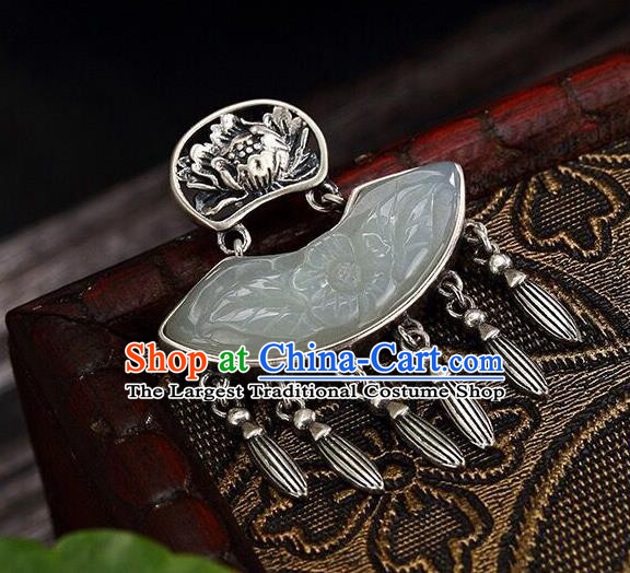 Handmade China Jade Carving Peony Tassel Pendant Accessories Classical Cheongsam Silver Necklace Jewelry