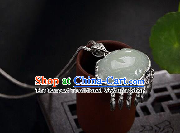 Handmade China Cheongsam Pendant Accessories Silver Longevity Lock Classical Jade Necklace Jewelry