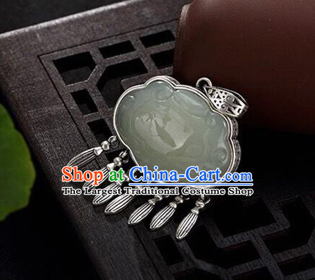 Handmade China Cheongsam Pendant Accessories Silver Longevity Lock Classical Jade Necklace Jewelry