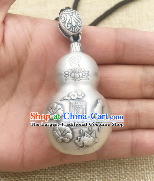 Handmade China Cheongsam Carving Lotus Pendant Accessories Classical Silver Gourd Necklace Jewelry
