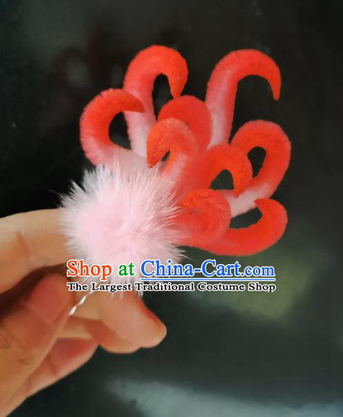 China Traditional Red Velvet Fox Hair Stick Handmade Ancient Princess Hairpin
