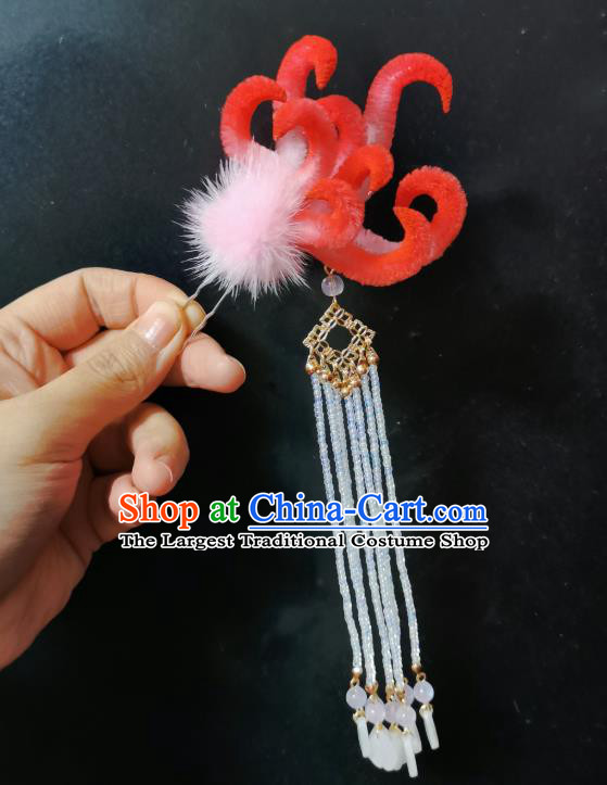 China Ancient Princess Tassel Hairpin Handmade Traditional Red Velvet Fox Hair Stick