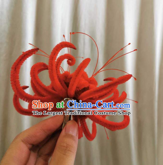 China Handmade Traditional Red Velvet Hair Stick Ancient Princess Red Spider Lily Hairpin