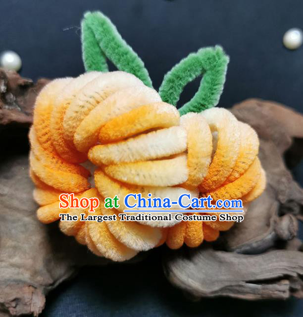 China Handmade Yellow Velvet Chrysanthemum Hair Stick Traditional Hanfu Flowers Hairpin