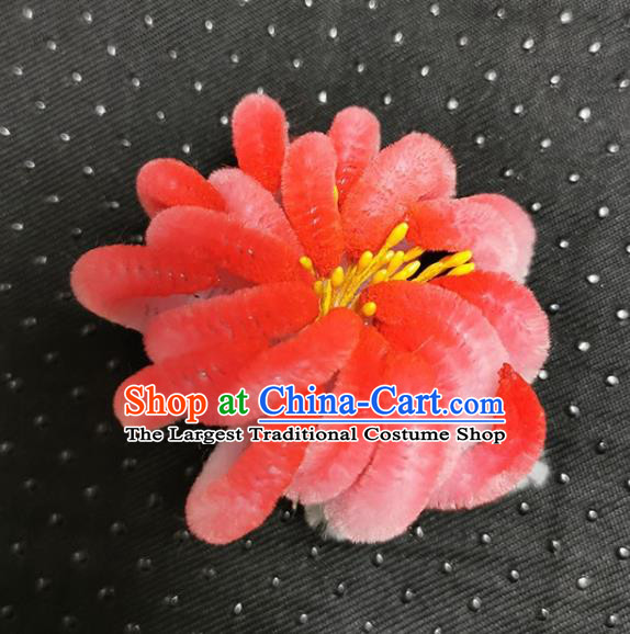 China Handmade Classical Velvet Red Chrysanthemum Hairpin Traditional Qing Dynasty Princess Hair Accessories