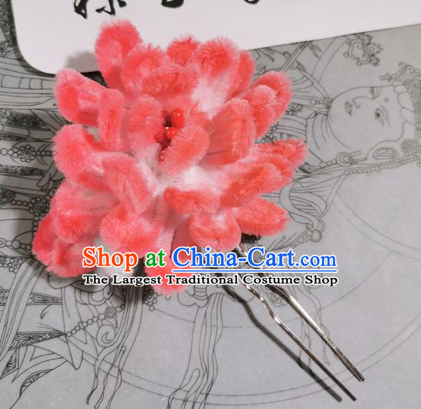 China Traditional Hanfu Hairpin Ancient Princess Hair Accessories Handmade Peach Pink Velvet Camellia Hair Clip
