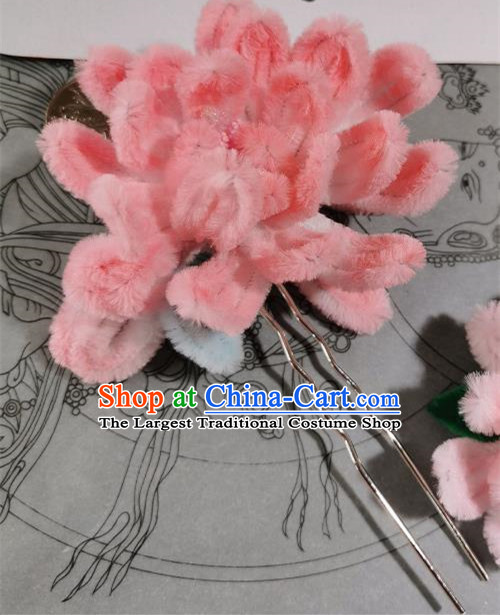 China Ancient Princess Hair Accessories Traditional Hanfu Hairpin Handmade Pink Velvet Camellia Hair Stick