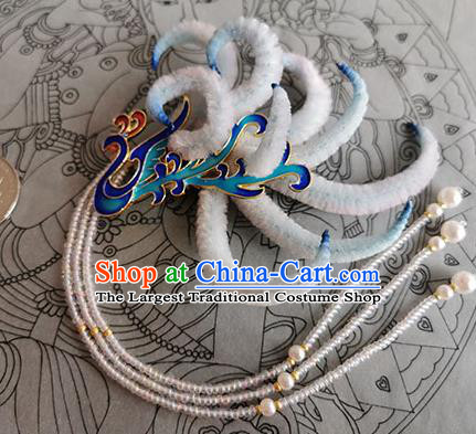 China Traditional Ming Dynasty Phoenix Velvet Hairpin Handmade Ancient Empress Beads Tassel Hair Stick