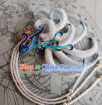 China Traditional Ming Dynasty Phoenix Velvet Hairpin Handmade Ancient Empress Beads Tassel Hair Stick