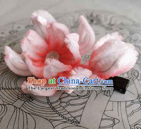 China Handmade Beijing Opera Lotus Hair Stick Traditional Ancient Ming Dynasty Pink Velvet Flowers Hairpin