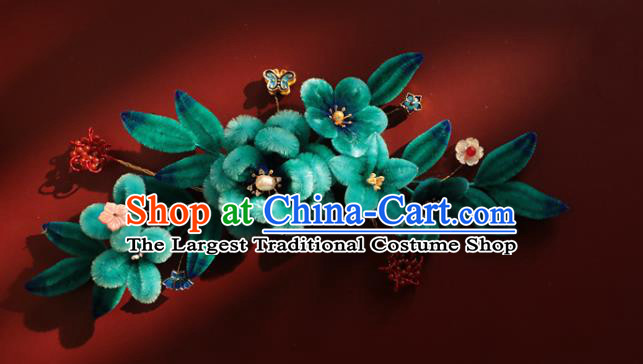 China Handmade Green Velvet Plum Blossom Hair Stick Traditional Ancient Qing Dynasty Court Woman Flowers Hairpin