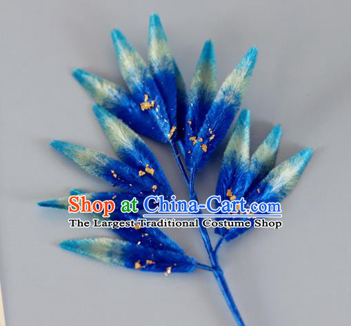 China Handmade Hanfu Bamboo Leaf Hair Stick Traditional Ancient Qing Dynasty Court Woman Blue Velvet Hairpin