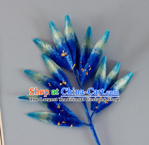China Handmade Hanfu Bamboo Leaf Hair Stick Traditional Ancient Qing Dynasty Court Woman Blue Velvet Hairpin