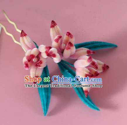 China Handmade Velvet Orchids Hair Stick Traditional Ancient Hanfu Hairpin
