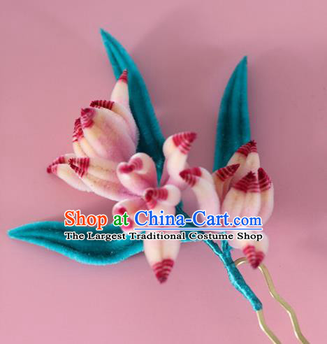 China Handmade Velvet Orchids Hair Stick Traditional Ancient Hanfu Hairpin