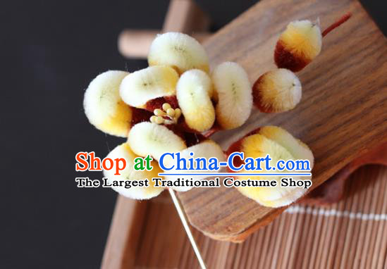 China Handmade Yellow Velvet Plum Blossom Hair Stick Traditional Ancient Hanfu Flowers Hairpin