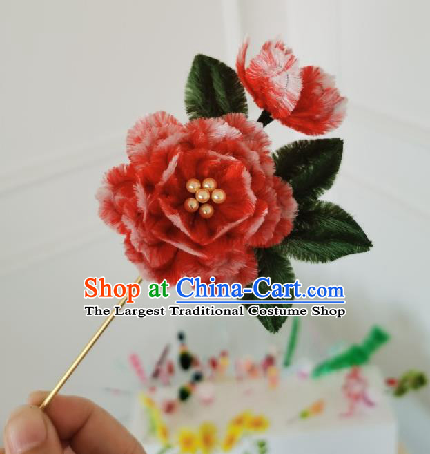 China Handmade Red Velvet Peony Hair Stick Traditional Ancient Qing Dynasty Princess Flowers Hairpin