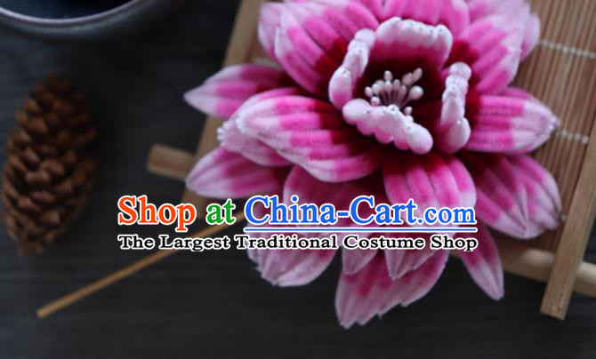 China Ancient Qing Dynasty Empress Flower Hairpin Traditional Handmade Rosy Velvet Peony Hair Stick