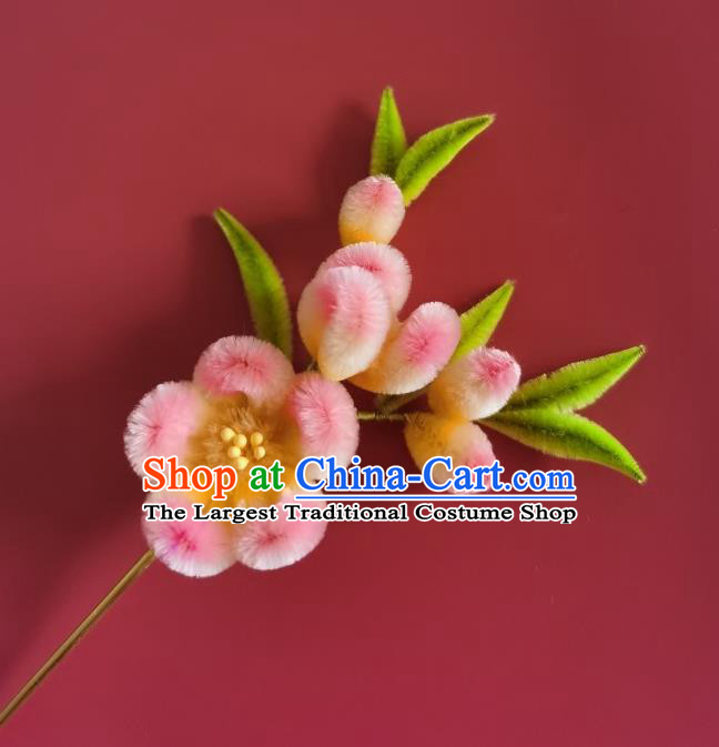 China Ancient Empress Pink Plum Blossom Hairpin Traditional Handmade Velvet Hair Stick