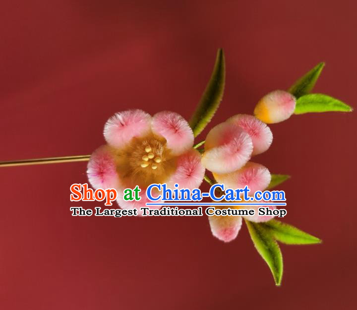 China Ancient Empress Pink Plum Blossom Hairpin Traditional Handmade Velvet Hair Stick