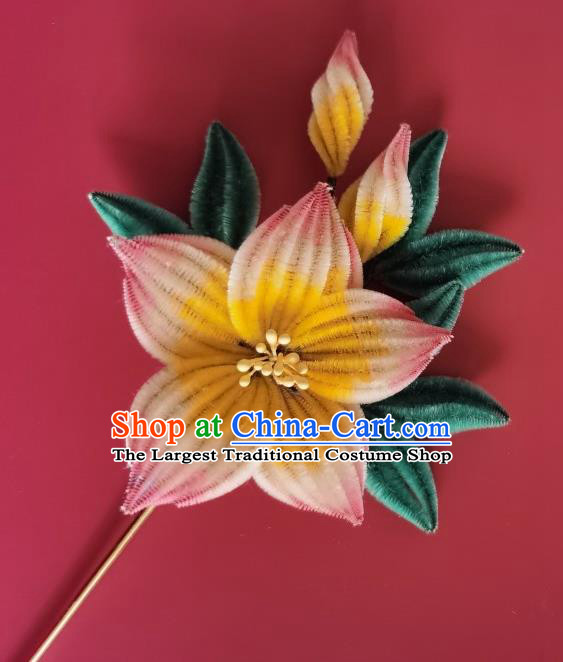 China Traditional Handmade Velvet Hair Stick Ancient Empress Pink Peach Blossom Hairpin