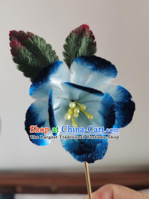 China Traditional Ancient Princess Hair Stick Handmade Blue Velvet Peach Blossom Hairpin
