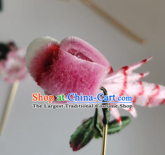 China Traditional Ancient Hanfu Hair Stick Handmade Pink Velvet Bird Hairpin
