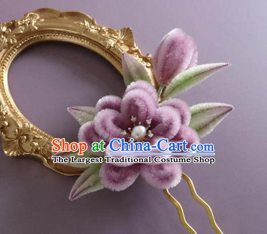 Traditional China Handmade Purple Velvet Flowers Hair Accessories Ancient Hanfu Hairpin