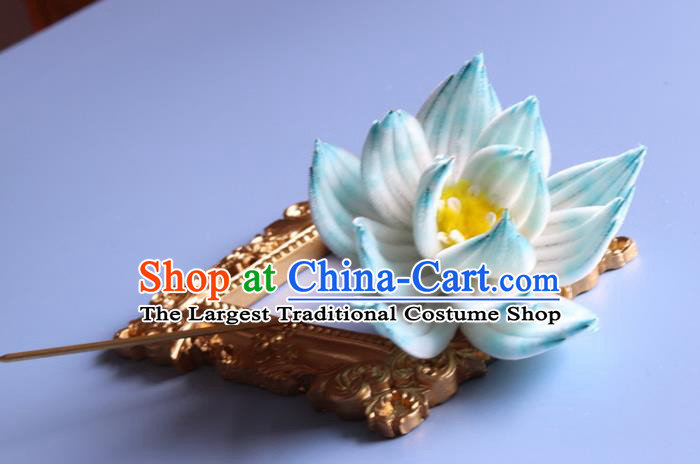 Handmade China Ancient Hanfu Hairpin Traditional Blue Velvet Lotus Hair Accessories