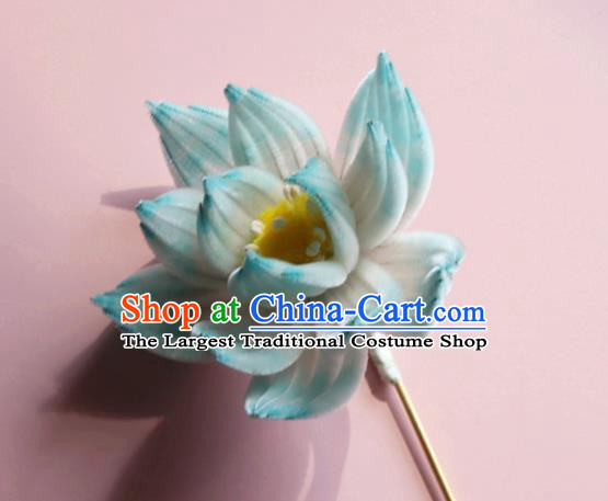 Handmade China Ancient Hanfu Hairpin Traditional Blue Velvet Lotus Hair Accessories