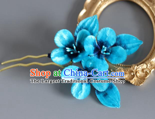 Handmade China Ancient Blue Velvet Plum Blossom Hairpin Traditional Hanfu Hair Accessories