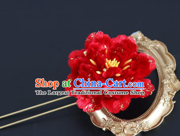 Handmade China Traditional Wedding Hanfu Hair Accessories Ancient Red Velvet Peony Hairpin