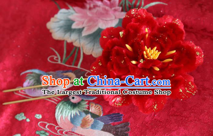 Handmade China Traditional Wedding Hanfu Hair Accessories Ancient Red Velvet Peony Hairpin