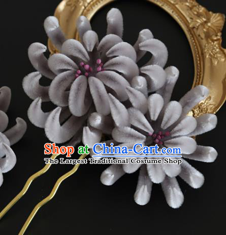 Handmade China Traditional Hanfu Flowers Hair Accessories Ancient Grey Velvet Chrysanthemum Hairpin