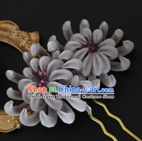Handmade China Traditional Hanfu Flowers Hair Accessories Ancient Grey Velvet Chrysanthemum Hairpin
