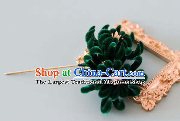 Handmade China Ancient Court Green Velvet Chrysanthemum Hairpin Traditional Hanfu Hair Accessories Hair Stick