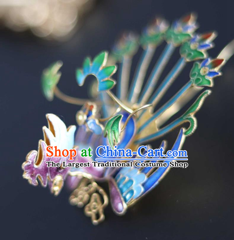Handmade China Ancient Court Lady Blueing Phoenix Hairpin Traditional Qing Dynasty Hair Accessories Hair Crown