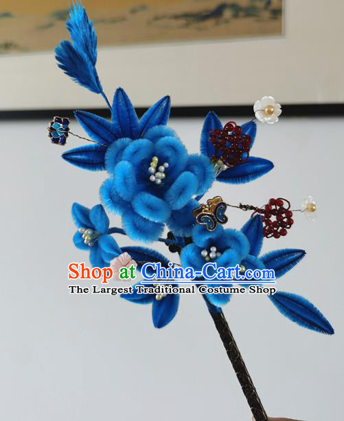 China Ancient Palace Lady Blue Velvet Plum Hairpin Traditional Hanfu Hair Accessories Handmade Garnet Beads Hair Stick