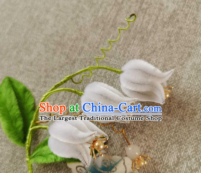China Classical Hanfu White Velvet Convallaria Hair Stick Traditional Ancient Court Hair Claw