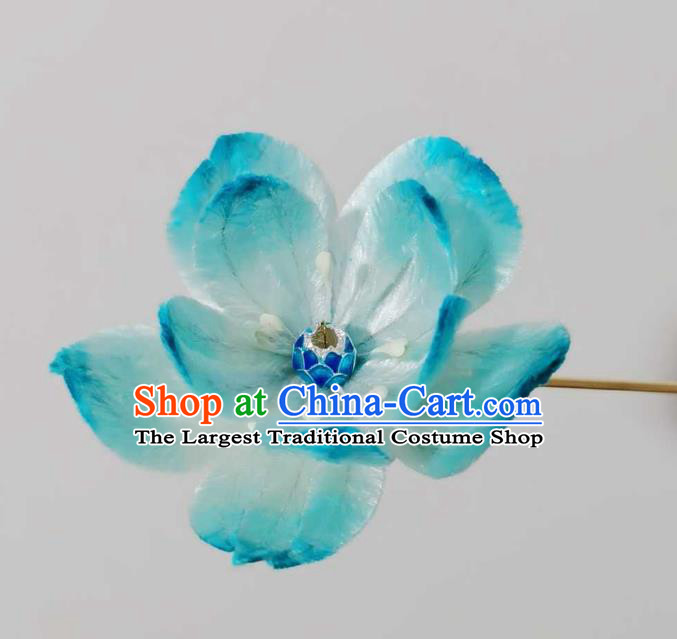 China Traditional Ancient Court Cloisonne Lotus Hairpin Classical Hanfu Blue Velvet Hair Stick