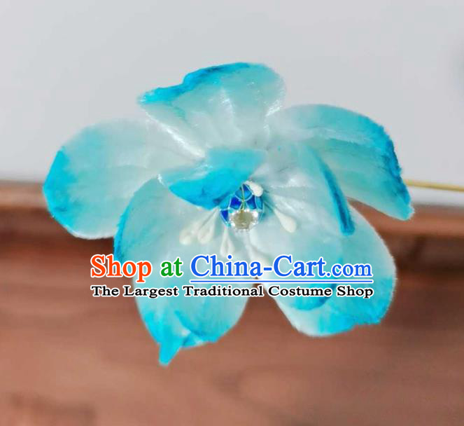 China Traditional Ancient Court Cloisonne Lotus Hairpin Classical Hanfu Blue Velvet Hair Stick