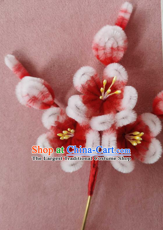 China Classical Hanfu Velvet Hair Stick Traditional Ancient Court Red Plum Blossom Hairpin